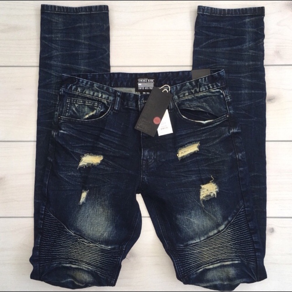 Smoke Rise Distressed Wash Slim Fit Moto Jeans